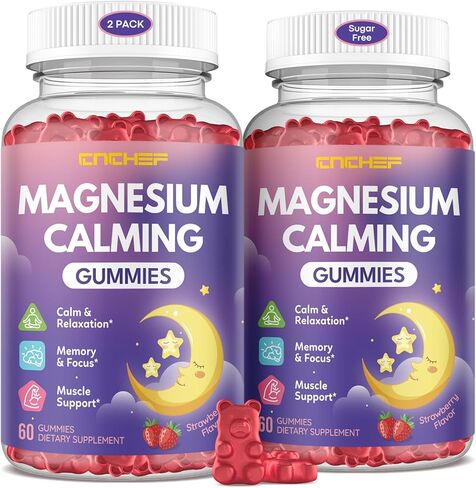 علكات المغنيسيوم المهدئة للأطفال بعمر 4 سنوات فما فوق والكبار، مكمل مغنيسيوم خالي من السكر مع إل-ثيانين، البابونج، فيتامينات ب6، د3، ك2، الزنك للنوم والاسترخاء والتركيز ودعم العضلات، نكهة الفراولة in Kuwait