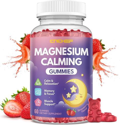 Magnesium Calming Gummies for Kids 4+ & Adults, Sugar Free Magnesium Supplement with L-Theanine, Chamomile, Vitamins B6, D3, K2, Zinc for Sleep, Relaxation, Focus & Muscle Support, Strawberry Flavor in Saudi Arabia