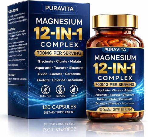 Puravita 12 in 1 Magnesium Complex Capsules - 700mg High Absorption Blend with Glycinate, Citrate, Malate, Oxide & Taurate. Supports Muscle Function, Nerve Health & Relaxation - 120 Capsules (1) in Saudi Arabia