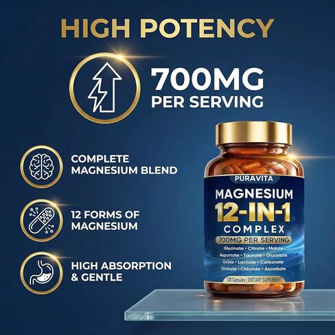 Puravita 12 in 1 Magnesium Complex Capsules - 700mg High Absorption Blend with Glycinate, Citrate, Malate, Oxide & Taurate. Supports Muscle Function, Nerve Health & Relaxation - 120 Capsules (1) in Saudi Arabia