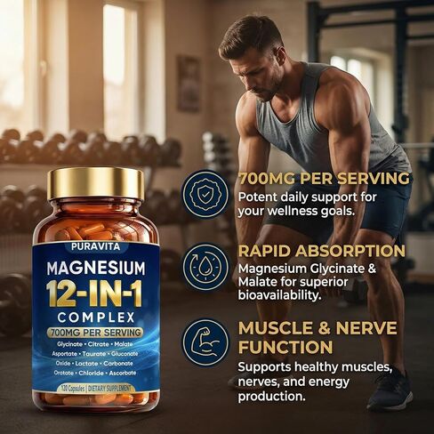 Puravita 12 in 1 Magnesium Complex Capsules - 700mg High Absorption Blend with Glycinate, Citrate, Malate, Oxide & Taurate. Supports Muscle Function, Nerve Health & Relaxation - 120 Capsules (1) in Saudi Arabia