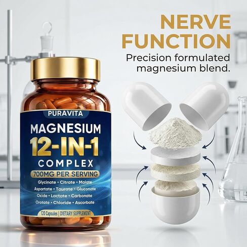 Puravita 12 in 1 Magnesium Complex Capsules - 700mg High Absorption Blend with Glycinate, Citrate, Malate, Oxide & Taurate. Supports Muscle Function, Nerve Health & Relaxation - 120 Capsules (1) in Saudi Arabia