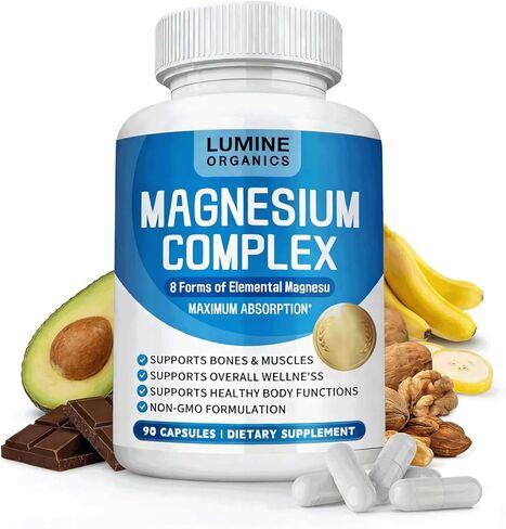 Lumine Organics Magnesium Complex Supplement 1000mg- Advanced 8-in-1 Magnesium Blend - Glycinate, Citrate, Malate, Taurate etc.– High Absorption Formula – Non-GMO– 90 Capsules (1PCS) in Saudi Arabia