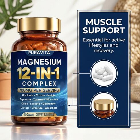 Puravita 12 in 1 Magnesium Complex Capsules - 700mg High Absorption Blend with Glycinate, Citrate, Malate, Oxide & Taurate. Supports Muscle Function, Nerve Health & Relaxation - 120 Capsules (1) in Saudi Arabia