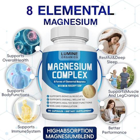 Lumine Organics Magnesium Complex Supplement 1000mg- Advanced 8-in-1 Magnesium Blend - Glycinate, Citrate, Malate, Taurate etc.– High Absorption Formula – Non-GMO– 90 Capsules (1PCS) in Saudi Arabia