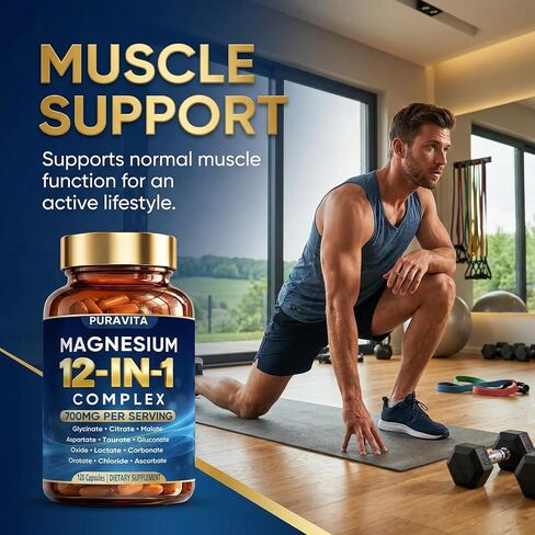 Puravita 12 in 1 Magnesium Complex Capsules - 700mg High Absorption Blend with Glycinate, Citrate, Malate, Oxide & Taurate. Supports Muscle Function, Nerve Health & Relaxation - 120 Capsules (1) in Saudi Arabia
