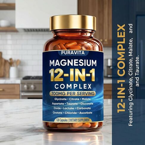 Puravita 12 in 1 Magnesium Complex Capsules - 700mg High Absorption Blend with Glycinate, Citrate, Malate, Oxide & Taurate. Supports Muscle Function, Nerve Health & Relaxation - 120 Capsules (1) in Saudi Arabia