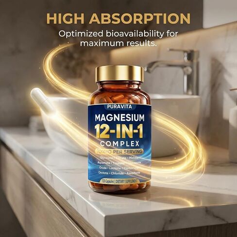 Puravita 12 in 1 Magnesium Complex Capsules - 700mg High Absorption Blend with Glycinate, Citrate, Malate, Oxide & Taurate. Supports Muscle Function, Nerve Health & Relaxation - 120 Capsules (1) in Saudi Arabia