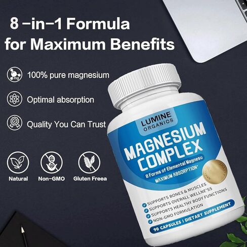 Lumine Organics Magnesium Complex Supplement 1000mg- Advanced 8-in-1 Magnesium Blend - Glycinate, Citrate, Malate, Taurate etc.– High Absorption Formula – Non-GMO– 90 Capsules (1PCS) in Saudi Arabia