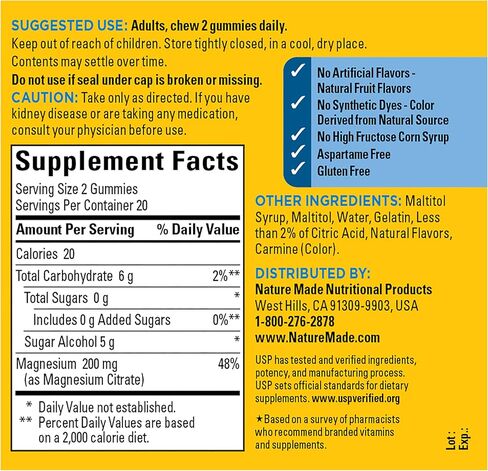 Nature Made Zero Sugar Magnesium Citrate Gummies 200 Mg Per Serving, Muscle & Bone Support, Aspartame Free, 40 Sugar Free High Absorption Magnesium Gummies, 20 Day Supply in Saudi Arabia