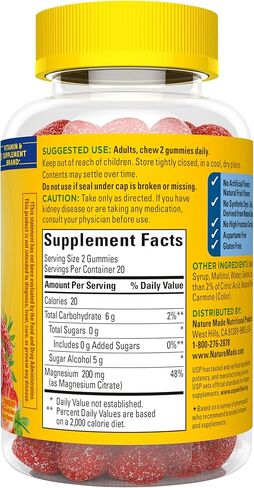 Nature Made Zero Sugar Magnesium Citrate Gummies 200 Mg Per Serving, Muscle & Bone Support, Aspartame Free, 40 Sugar Free High Absorption Magnesium Gummies, 20 Day Supply in Saudi Arabia