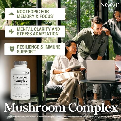 NOOT Mushroom Complex, Organic Lions Mane Mushroom Supplement - Nootropic Adaptogenic Vegan Brain Supplements for Memory and Focus, Biohacking, Immunity and Resilience, 60 Capsules in Kuwait