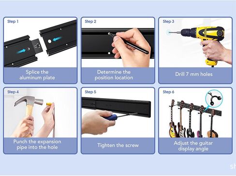 نظام رف تثبيت على الحائط للجيتار من SUNGOOYUE مع 5 خطافات قابلة للتعديل، قضبان ألومنيوم دوارة 270 درجة لعرض القيثارة الصوتية الكهربائية، تخزين أدوات توفير المساحة in Kuwait