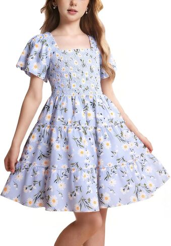 الفتيات الصيفية الفتيات MIDI الكشكش عارضات مربعة رقبة الأرجوحة متدرجة من فساتين توين مدخنة in Kuwait