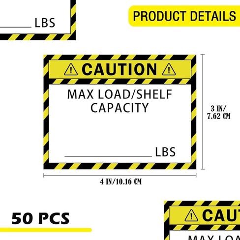 50 Pack Pallet Rack Capacity Labels 3x4-Inch Yellow Caution MAX Load/Shelf LBS Warning Stickers Industrial Strength Sticker for Warehouse Safety in Saudi Arabia