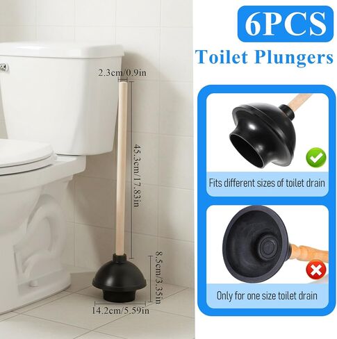 SHENLIU 6 Pack Toilet Plungers for Bathroom, Heavy Duty Rubber Toilet Plunger with Long Wooden Handle Black Double Thrust Suction Cup Clog Remover for Bathroom Toilets in Saudi Arabia