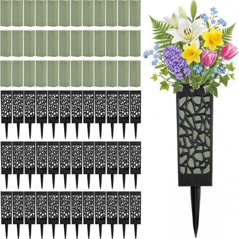 Memorial Cemetery Floral Holder Set Decoration 12 Inch Cemetery Vases for Grave with Foam Blocks Black Grave Markers Flower Holder with Drainage Hole Long Spikes for Graveyard Outdoor Memorials in Kuwait