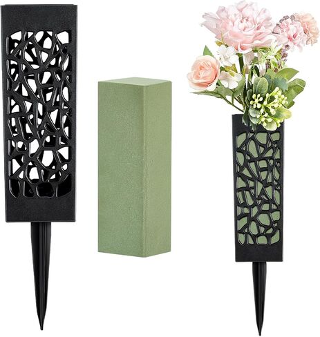 Memorial Cemetery Floral Holder Set Decoration 12 Inch Cemetery Vases for Grave with Foam Blocks Black Grave Markers Flower Holder with Drainage Hole Long Spikes for Graveyard Outdoor Memorials in Kuwait