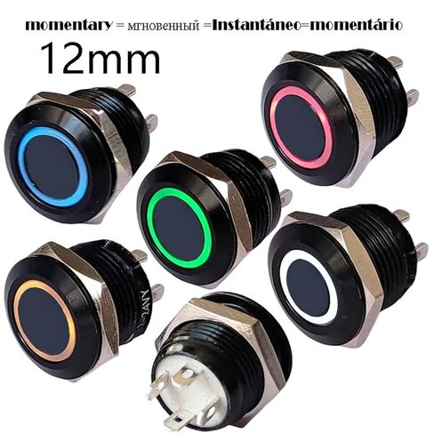 1 قطعة مفتاح زر ضغط، 12 مم مفتاح زر معدني أسود LED 3 فولت - 24 فولت 50 مللي أمبير بدون قفل لاستبدال لوحة أجهزة الكمبيوتر (حلقة بيضاء 12 مم، LED 12-24 فولت) in Kuwait