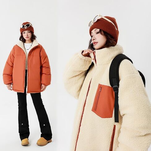 Unisex Reversible Padded Jacket with Stand Collar Water Repellent Double-Sided Sherpa Lined Winter Coat in Saudi Arabia