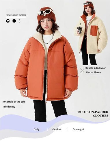Unisex Reversible Padded Jacket with Stand Collar Water Repellent Double-Sided Sherpa Lined Winter Coat in Saudi Arabia