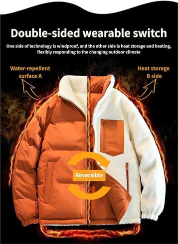 Unisex Reversible Padded Jacket with Stand Collar Water Repellent Double-Sided Sherpa Lined Winter Coat in Saudi Arabia