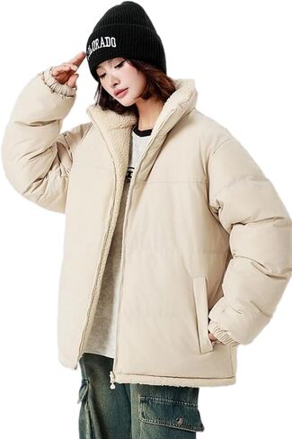 Unisex Reversible Padded Jacket with Stand Collar Water Repellent Double-Sided Sherpa Lined Winter Coat in Saudi Arabia
