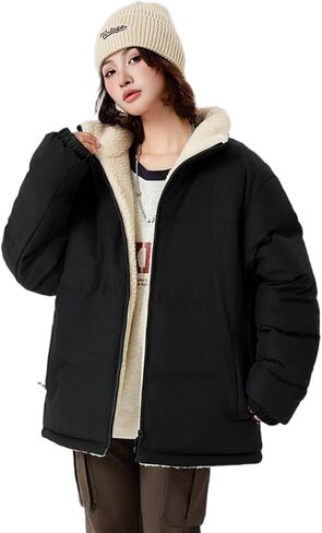 Unisex Reversible Padded Jacket with Stand Collar Water Repellent Double-Sided Sherpa Lined Winter Coat in Saudi Arabia