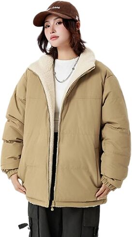 Unisex Reversible Padded Jacket with Stand Collar Water Repellent Double-Sided Sherpa Lined Winter Coat in Saudi Arabia