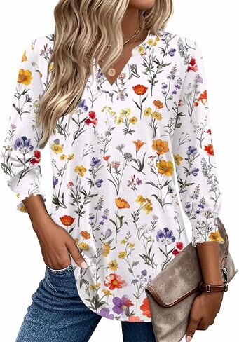 Zeagoo 3/4 Length Sleeve Womens Tops 2025 Floral Womens Blouses V Neck TunicTops with Smocked Cuffs in Saudi Arabia