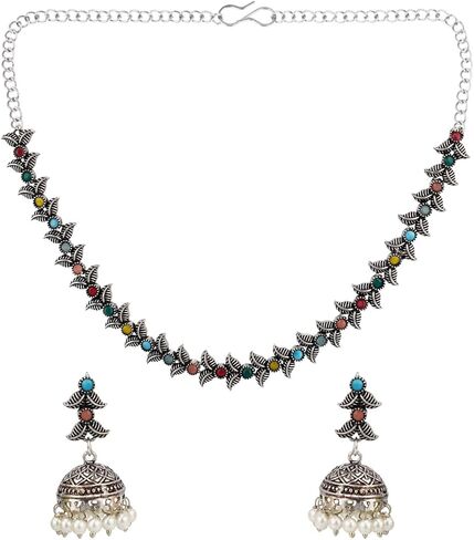 Efulgenz Oxidized Necklace Oxidized Indian Jewelry Set Boho Oxidised Crystal Choker Necklace Faux Pearl Drop Earrings Set for Women in Saudi Arabia