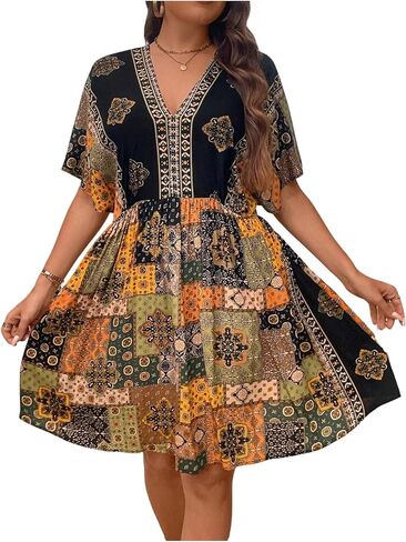 MakeMeChic Women's Plus Size Boho Dress Half Sleeve Flowy Sundress V Neck Summer Short Dresses in Saudi Arabia