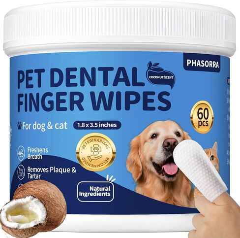 Dog Dental Care Wipes - Tooth Brushing kit, Teeth Cleaning Wipes for Dogs & Cats, Toothbrush Finger Dental Wipes Gum Care & Remove Stain - 60 Count in Kuwait