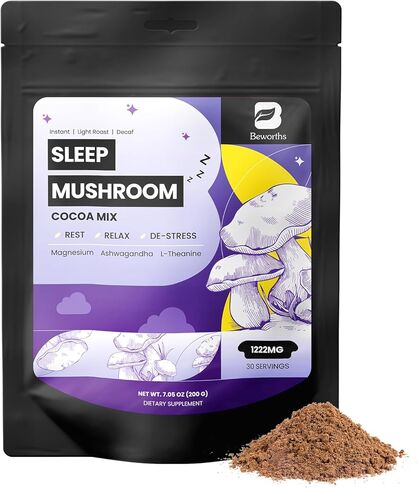 B BEWORTHS الفطر الكاكاو الساخن، 10 - مزيج مستخلص الفطر مع صيغة دعم النوم، أشواغاندا، L-الثيانين، بلسم الليمون، غابا، الميلاتونين، دعم الخريف والبقاء نائما، 30 حصة in Kuwait