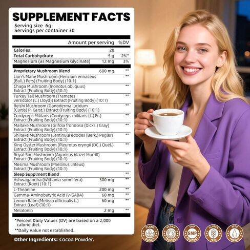 B BEWORTHS الفطر الكاكاو الساخن، 10 - مزيج مستخلص الفطر مع صيغة دعم النوم، أشواغاندا، L-الثيانين، بلسم الليمون، غابا، الميلاتونين، دعم الخريف والبقاء نائما، 30 حصة in Kuwait