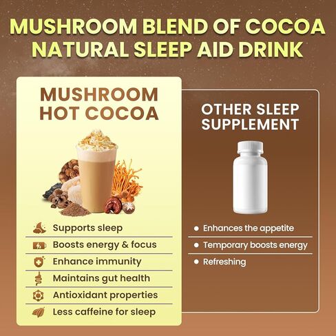B BEWORTHS الفطر الكاكاو الساخن، 10 - مزيج مستخلص الفطر مع صيغة دعم النوم، أشواغاندا، L-الثيانين، بلسم الليمون، غابا، الميلاتونين، دعم الخريف والبقاء نائما، 30 حصة in Kuwait