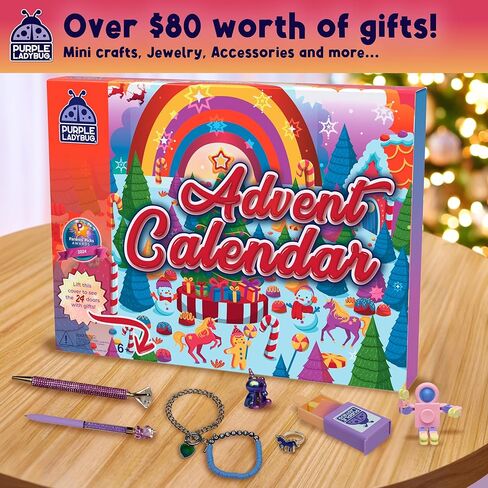 هدايا رائعة من PURPLE LADYBUG لعام 2025 تقويم القدوم للفتيات من سن 6 سنوات فما فوق، مجموعة العد التنازلي لعيد الميلاد لمدة 24 يومًا - تتضمن ألعاب العطلات، والمجوهرات، والململ، والمكياج، والحرف اليدوية اليدوية، وإكسسوارات للمراهقات in Kuwait