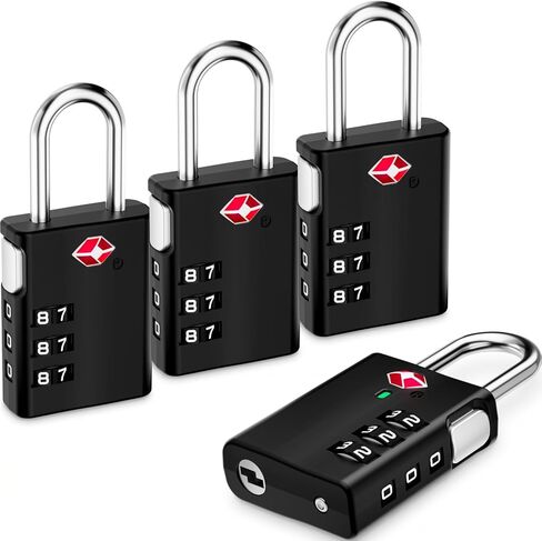 أقفال الأمتعة LUGGEX، أقفال TSA للأمتعة، أقفال الأمتعة معتمدة من TSA، قفل مركب، إعادة ضبط بزر واحد ومقاومة للقطع (أسود، 4 عبوات) in Kuwait