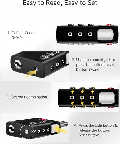أقفال الأمتعة LUGGEX، أقفال TSA للأمتعة، أقفال الأمتعة معتمدة من TSA، قفل مركب، إعادة ضبط بزر واحد ومقاومة للقطع (أسود، 4 عبوات) in Kuwait