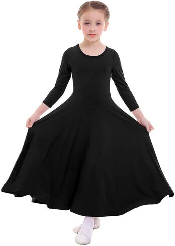 ZX Girl's Long Sleeve Praise Dance Full Length Wide Swing Lyrical Dancewear Liturgical Worship Costume Dress, Black, 9-10 Years in Kuwait