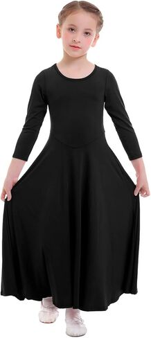 ZX Girl's Long Sleeve Praise Dance Full Length Wide Swing Lyrical Dancewear Liturgical Worship Costume Dress, Black, 9-10 Years in Kuwait