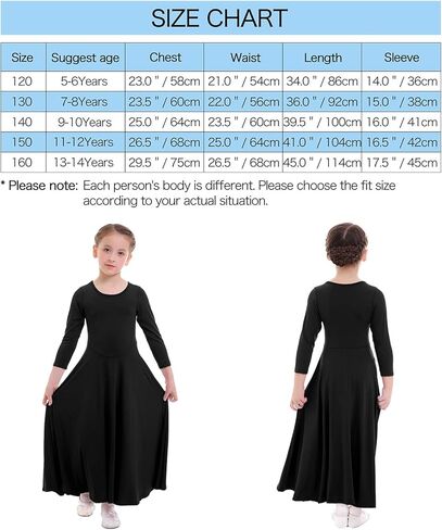ZX Girl's Long Sleeve Praise Dance Full Length Wide Swing Lyrical Dancewear Liturgical Worship Costume Dress, Black, 9-10 Years in Kuwait