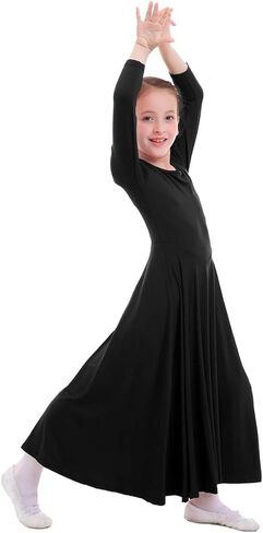 ZX Girl's Long Sleeve Praise Dance Full Length Wide Swing Lyrical Dancewear Liturgical Worship Costume Dress, Black, 9-10 Years in Kuwait