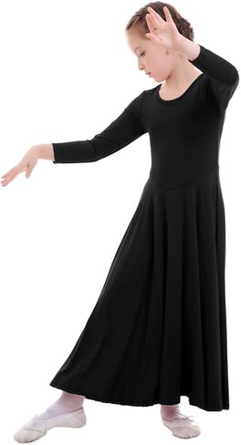 ZX Girl's Long Sleeve Praise Dance Full Length Wide Swing Lyrical Dancewear Liturgical Worship Costume Dress, Black, 9-10 Years in Kuwait