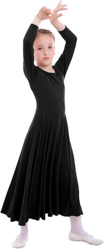 ZX Girl's Long Sleeve Praise Dance Full Length Wide Swing Lyrical Dancewear Liturgical Worship Costume Dress, Black, 9-10 Years in Kuwait