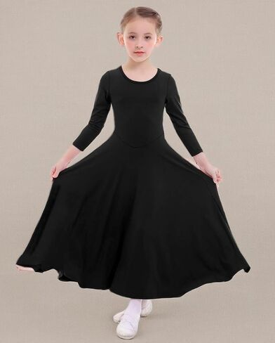 ZX Girl's Long Sleeve Praise Dance Full Length Wide Swing Lyrical Dancewear Liturgical Worship Costume Dress, Black, 9-10 Years in Kuwait