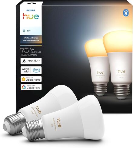 لمبة Philips Hue Smart LED A19، أجواء بيضاء، قاعدة E26، 9.5 واط، ضوء كامل الطيف 1000K-20000K، 1100 لومن، قابل للتعتيم، يعمل مع Alexa وGoogle وApple Home، قطعتان in Saudi Arabia