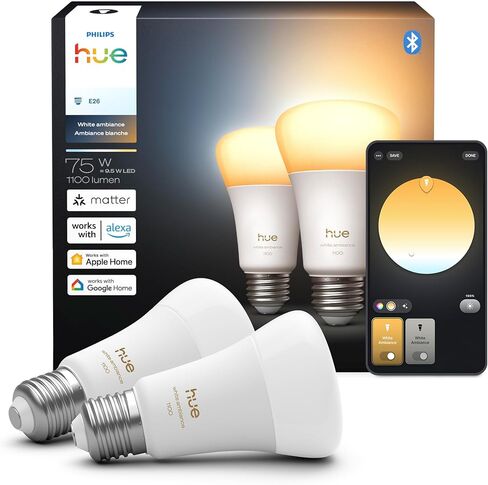 لمبة Philips Hue Smart LED A19، أجواء بيضاء، قاعدة E26، 9.5 واط، ضوء كامل الطيف 1000K-20000K، 1100 لومن، قابل للتعتيم، يعمل مع Alexa وGoogle وApple Home، قطعتان in Saudi Arabia
