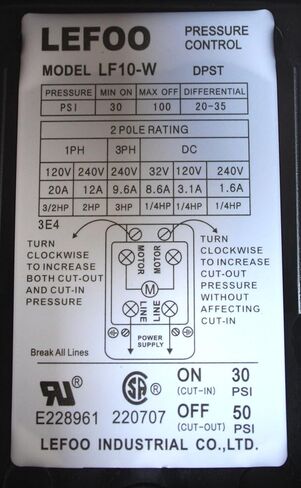 مفتاح ضغط مضخة المياه العالمي LF10-W 30-50psi (40-60psi/60-80psi قابل للتعديل) 20 أمبير in Kuwait