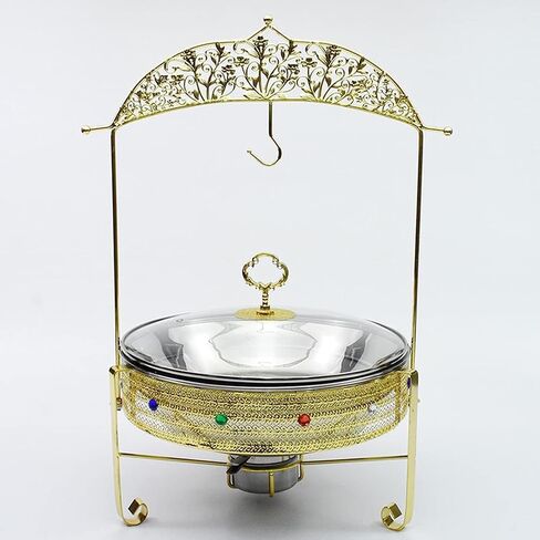 أطباق تسخين البوفيه من الفولاذ المقاوم للصدأ - خوادم وسخانات البوفيه. مجموعة بوفيه هوت بوت، وعاء بوفيه ساخن من الفولاذ المقاوم للصدأ مع غطاء زجاجي لتدفئة الطعام (ذهبي 4 لتر) in Kuwait